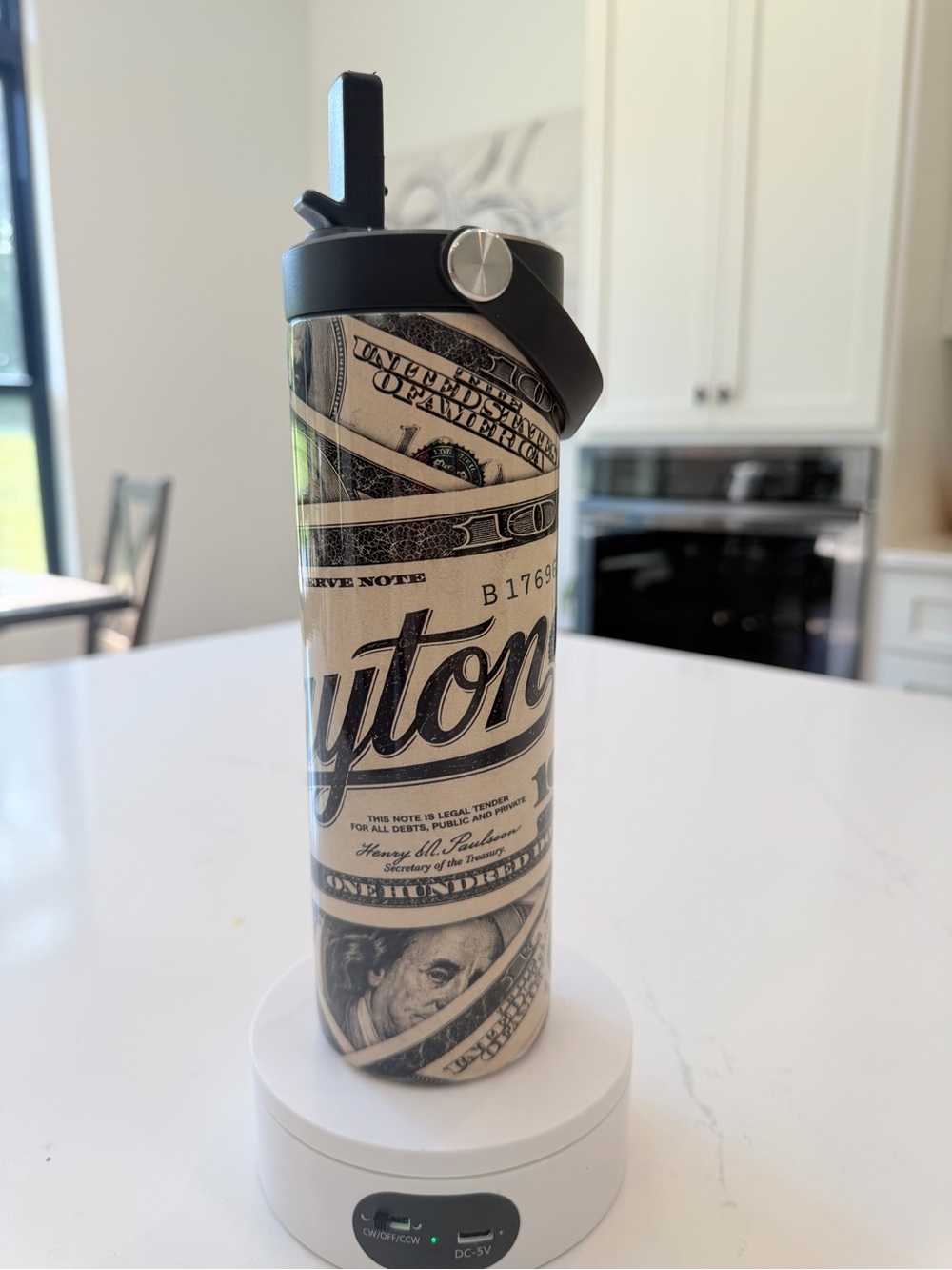 New 20oz flip top Insulated tumbler, Money-Print customized with name.